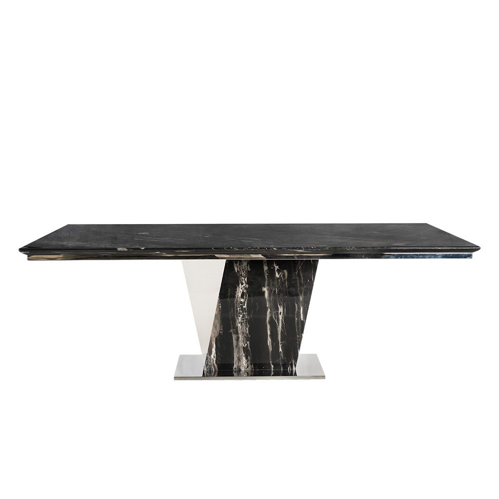 Rozel Glossy Silver Dragon Marble Top Black Dining Table